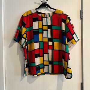 Vintage Modern Essentials Mondrain Geometric Top Red White Short Sleeve Sz XL